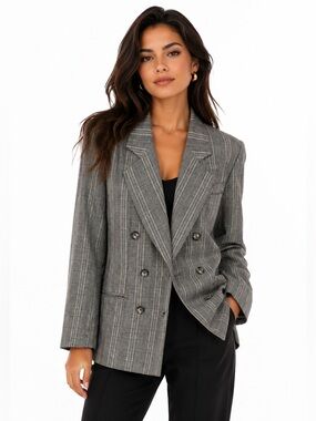 Vintage 90s Joan Leslie Double Breasted Houndstooth Blazer Plaid Power Jacket